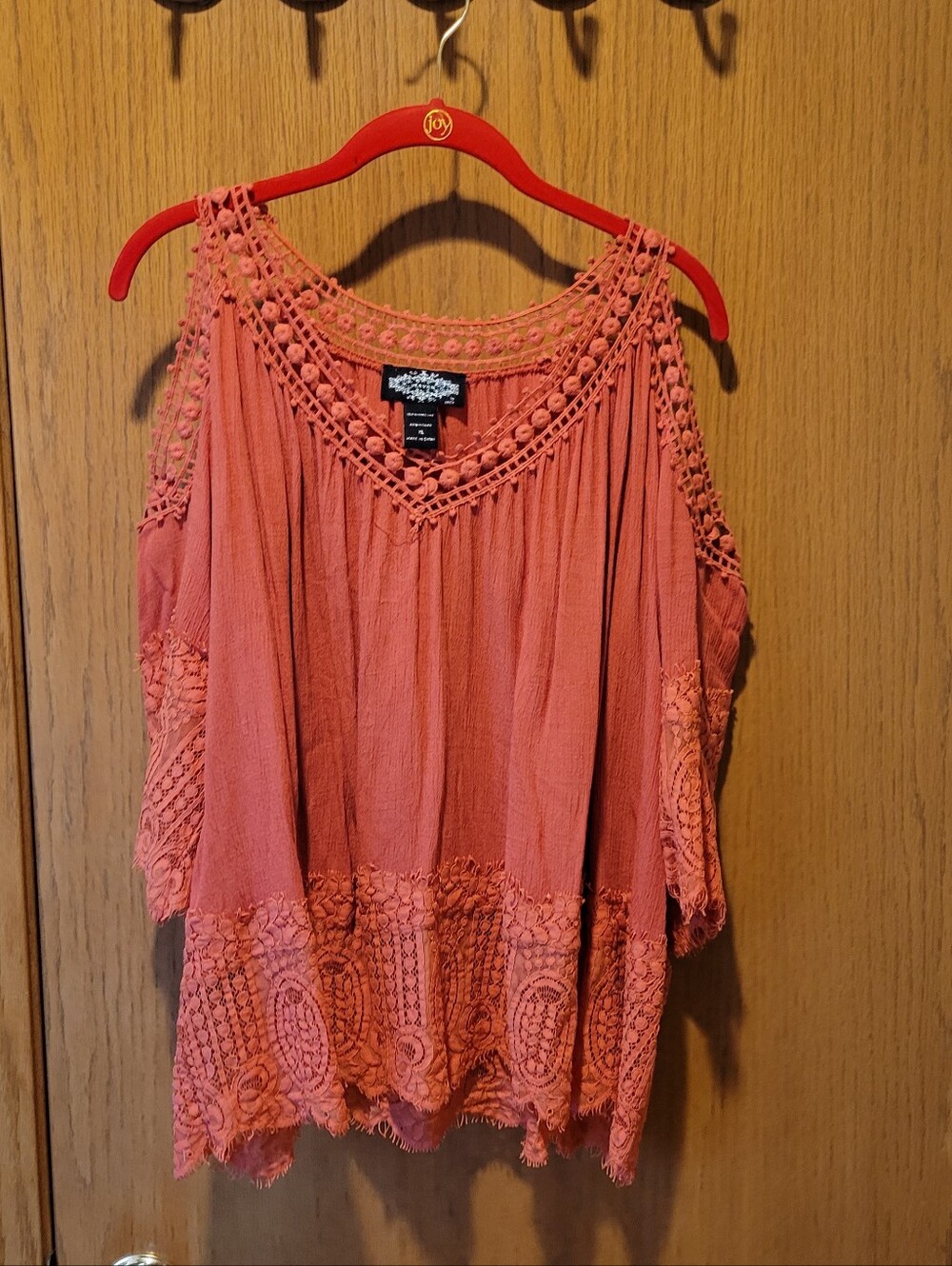 XL Dark Orange Crochet Trim Cold Shoulder Top - Washed But Never Worn
